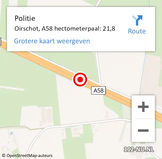 Locatie op kaart van de 112 melding: Politie Oirschot, A58 hectometerpaal: 21,8 op 6 november 2023 08:29