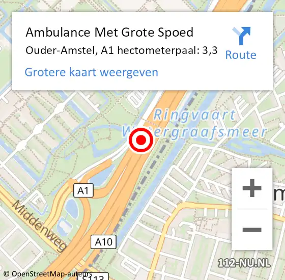 Locatie op kaart van de 112 melding: Ambulance Met Grote Spoed Naar Ouder-Amstel, A1 hectometerpaal: 3,3 op 6 november 2023 08:32