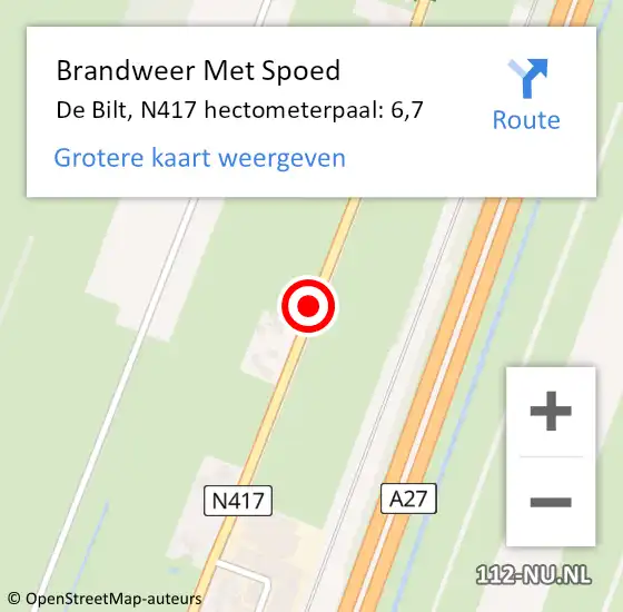 Locatie op kaart van de 112 melding: Brandweer Met Spoed Naar De Bilt, N417 hectometerpaal: 6,7 op 6 november 2023 10:35