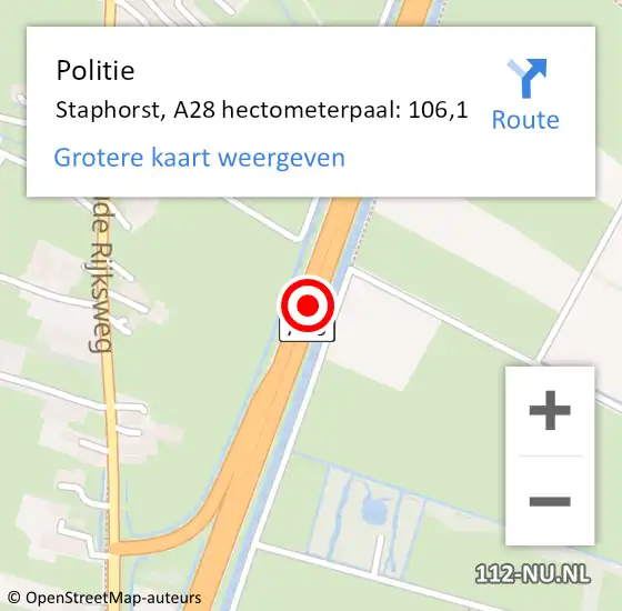 Locatie op kaart van de 112 melding: Politie Staphorst, A28 hectometerpaal: 106,1 op 6 november 2023 15:01