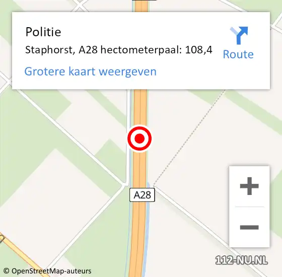 Locatie op kaart van de 112 melding: Politie Staphorst, A28 hectometerpaal: 108,4 op 6 november 2023 15:01