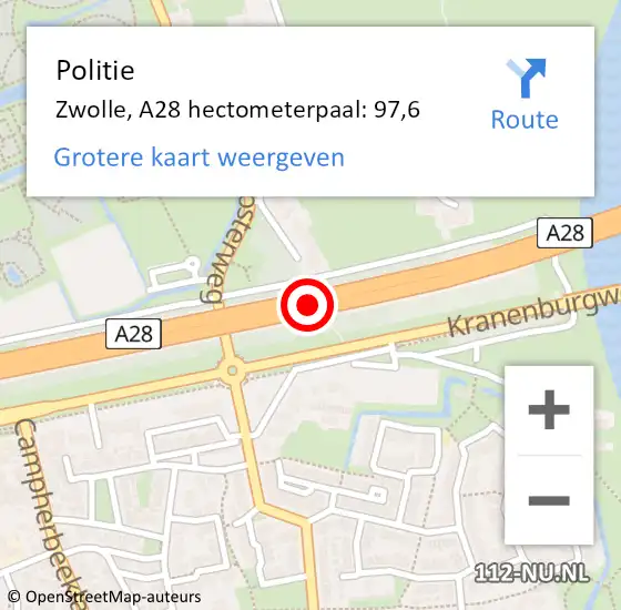 Locatie op kaart van de 112 melding: Politie Zwolle, A28 hectometerpaal: 97,6 op 6 november 2023 15:05