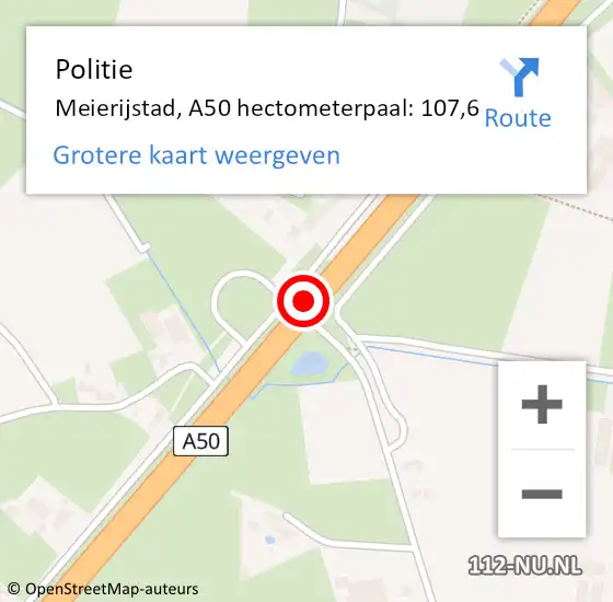 Locatie op kaart van de 112 melding: Politie Meierijstad, A50 hectometerpaal: 107,6 op 6 november 2023 15:16