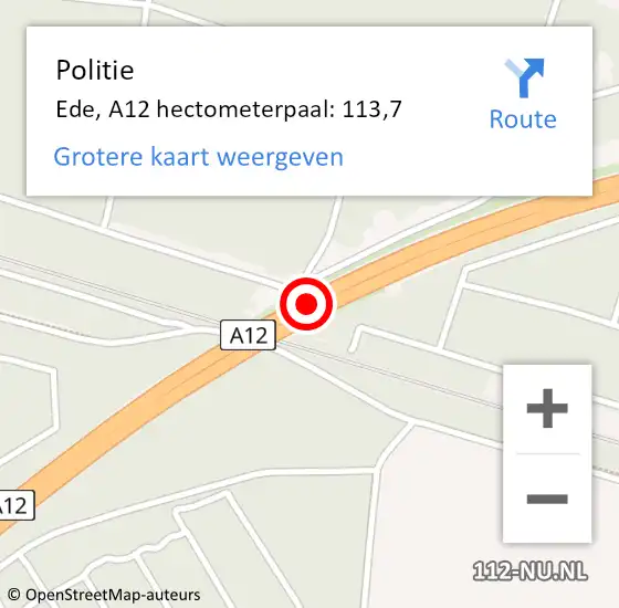 Locatie op kaart van de 112 melding: Politie Ede, A12 hectometerpaal: 113,7 op 6 november 2023 15:40