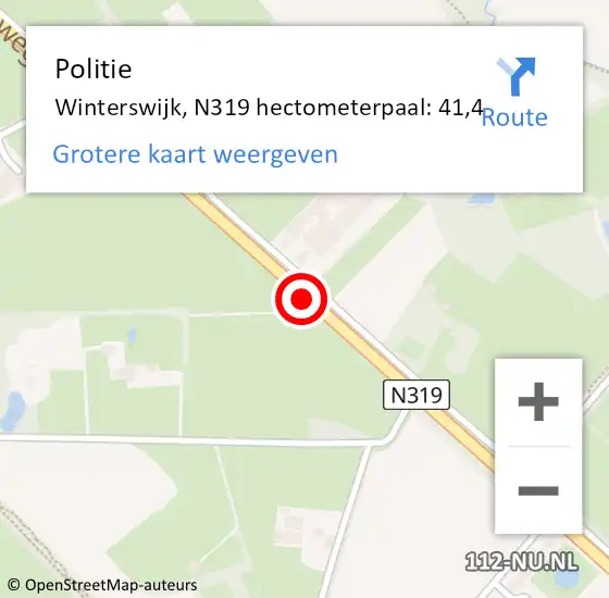 Locatie op kaart van de 112 melding: Politie Winterswijk, N319 hectometerpaal: 41,4 op 6 november 2023 16:18