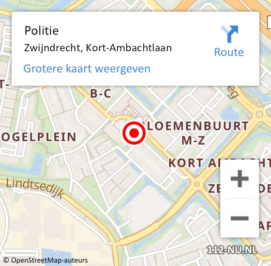 Locatie op kaart van de 112 melding: Politie Zwijndrecht, Kort-Ambachtlaan op 6 november 2023 19:24