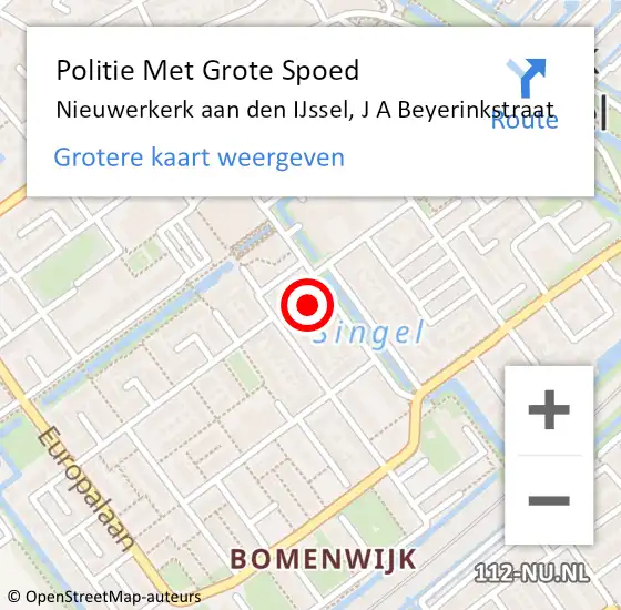 Locatie op kaart van de 112 melding: Politie Met Grote Spoed Naar Nieuwerkerk aan den IJssel, J A Beyerinkstraat op 6 november 2023 19:55