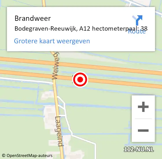 Locatie op kaart van de 112 melding: Brandweer Bodegraven-Reeuwijk, A12 hectometerpaal: 38 op 6 november 2023 21:56