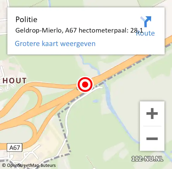 Locatie op kaart van de 112 melding: Politie Geldrop-Mierlo, A67 hectometerpaal: 28,1 op 7 november 2023 07:00