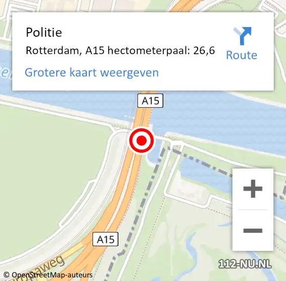 Locatie op kaart van de 112 melding: Politie Rotterdam, A15 hectometerpaal: 26,6 op 7 november 2023 08:19