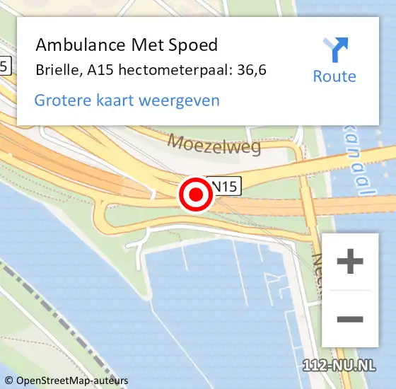 Locatie op kaart van de 112 melding: Ambulance Met Spoed Naar Brielle, A15 hectometerpaal: 36,6 op 7 november 2023 08:41