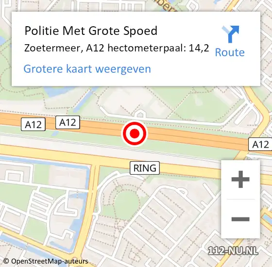 Locatie op kaart van de 112 melding: Politie Met Grote Spoed Naar Zoetermeer, A12 hectometerpaal: 14,2 op 7 november 2023 09:16