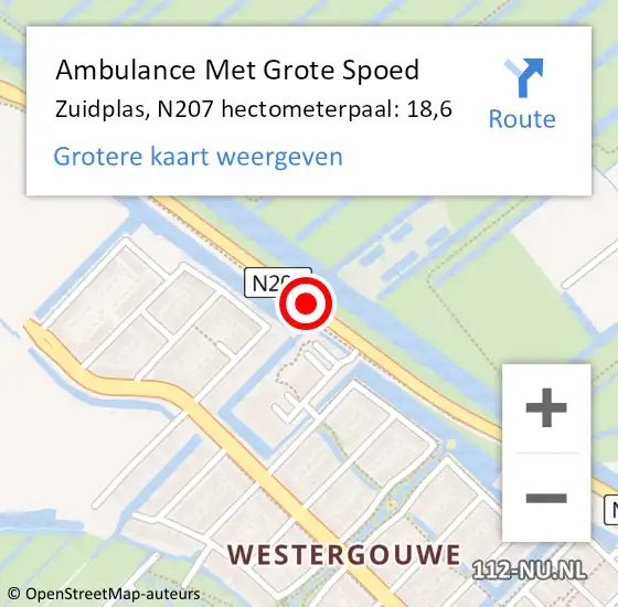 Locatie op kaart van de 112 melding: Ambulance Met Grote Spoed Naar Zuidplas, N207 hectometerpaal: 18,6 op 7 november 2023 10:21