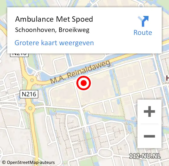 Locatie op kaart van de 112 melding: Ambulance Met Spoed Naar Schoonhoven, Broeikweg op 7 november 2023 10:43