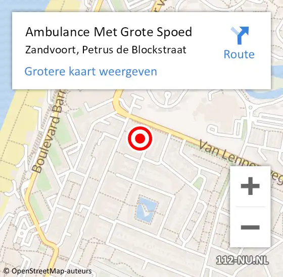 Locatie op kaart van de 112 melding: Ambulance Met Grote Spoed Naar Zandvoort, Petrus de Blockstraat op 7 november 2023 12:32