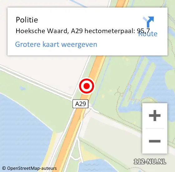 Locatie op kaart van de 112 melding: Politie Hoeksche Waard, A29 hectometerpaal: 95,7 op 7 november 2023 12:49