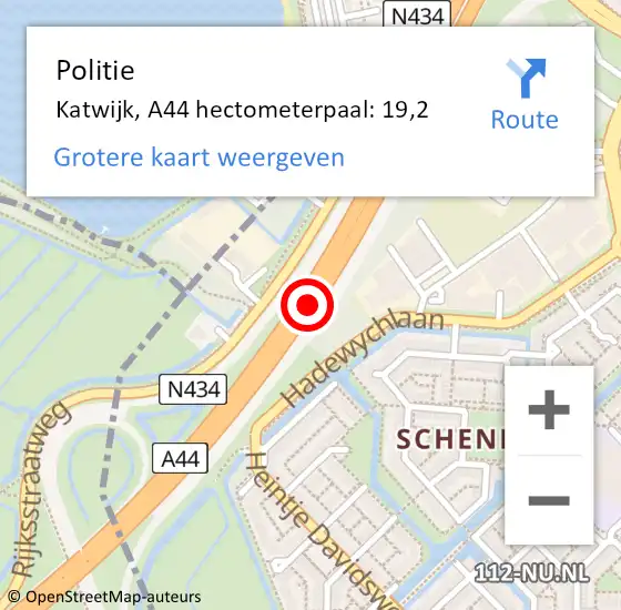 Locatie op kaart van de 112 melding: Politie Katwijk, A44 hectometerpaal: 19,2 op 7 november 2023 13:19