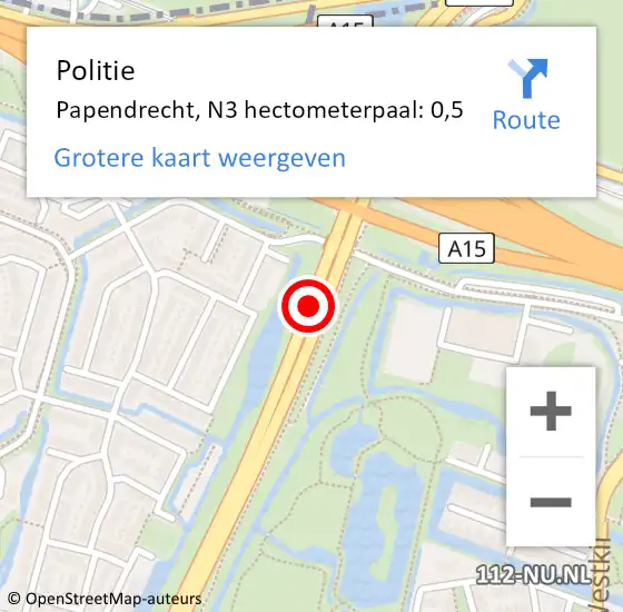 Locatie op kaart van de 112 melding: Politie Papendrecht, N3 hectometerpaal: 0,5 op 7 november 2023 16:03