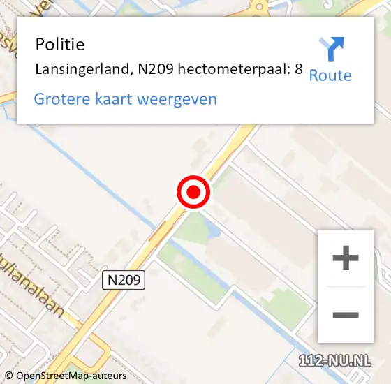Locatie op kaart van de 112 melding: Politie Lansingerland, N209 hectometerpaal: 8 op 7 november 2023 16:05