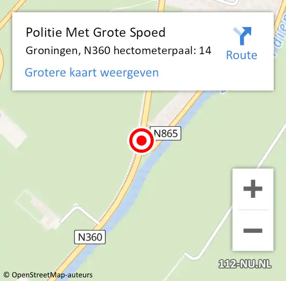 Locatie op kaart van de 112 melding: Politie Met Grote Spoed Naar Groningen, N360 hectometerpaal: 14 op 7 november 2023 17:19