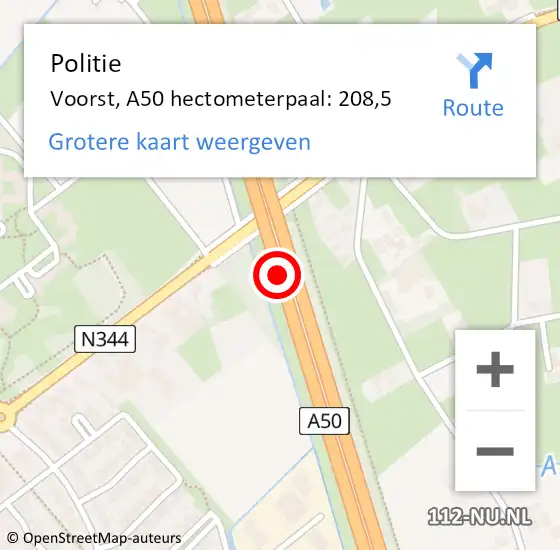 Locatie op kaart van de 112 melding: Politie Voorst, A50 hectometerpaal: 208,5 op 7 november 2023 17:58