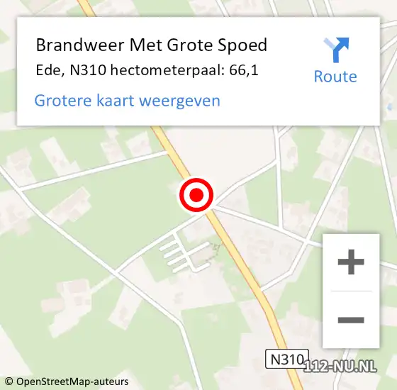 Locatie op kaart van de 112 melding: Brandweer Met Grote Spoed Naar Ede, N310 hectometerpaal: 66,1 op 7 november 2023 19:19