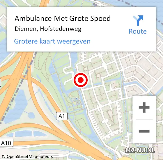 Locatie op kaart van de 112 melding: Ambulance Met Grote Spoed Naar Diemen, Hofstedenweg op 7 november 2023 21:31