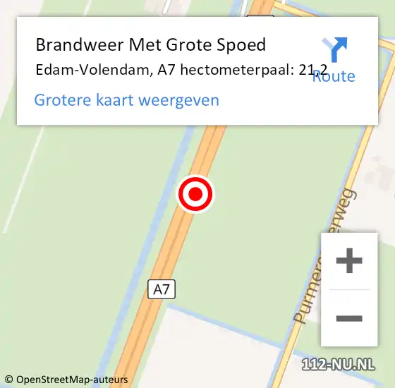 Locatie op kaart van de 112 melding: Brandweer Met Grote Spoed Naar Edam-Volendam, A7 hectometerpaal: 21,2 op 8 november 2023 04:42