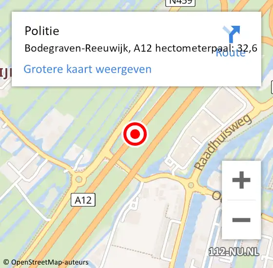 Locatie op kaart van de 112 melding: Politie Bodegraven-Reeuwijk, A12 hectometerpaal: 32,6 op 8 november 2023 07:42