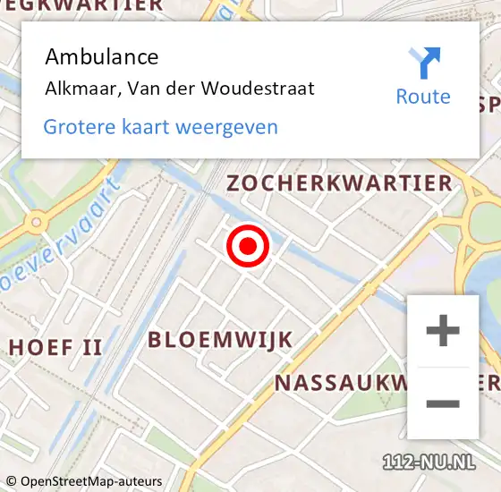 Locatie op kaart van de 112 melding: Ambulance Alkmaar, Van der Woudestraat op 8 november 2023 09:17