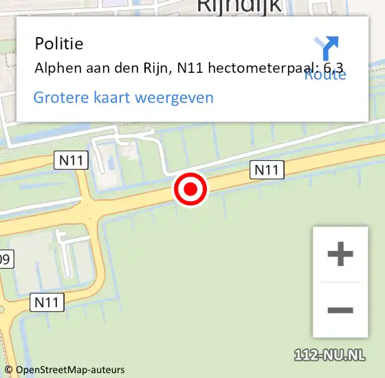 Locatie op kaart van de 112 melding: Politie Alphen aan den Rijn, N11 hectometerpaal: 6,3 op 8 november 2023 09:52