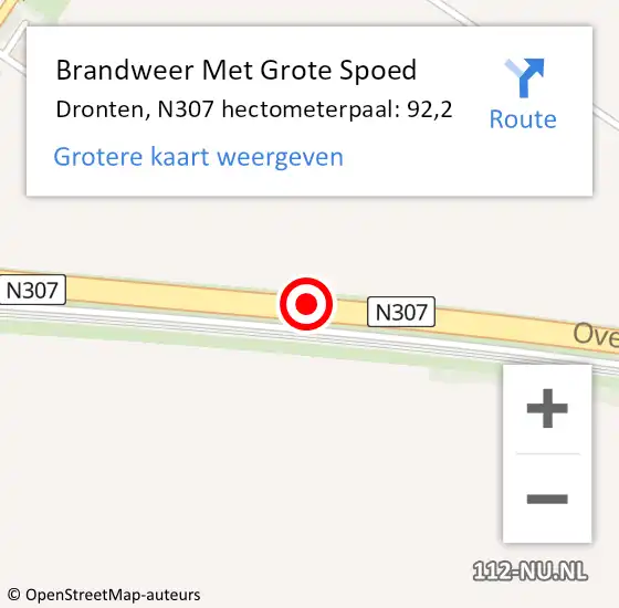 Locatie op kaart van de 112 melding: Brandweer Met Grote Spoed Naar Dronten, N307 hectometerpaal: 92,2 op 8 november 2023 13:41