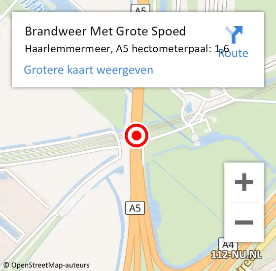 Locatie op kaart van de 112 melding: Brandweer Met Grote Spoed Naar Haarlemmermeer, A5 hectometerpaal: 1,6 op 8 november 2023 17:09