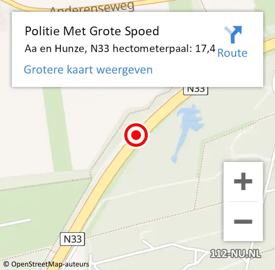 Locatie op kaart van de 112 melding: Politie Met Grote Spoed Naar Aa en Hunze, N33 hectometerpaal: 17,4 op 8 november 2023 17:49
