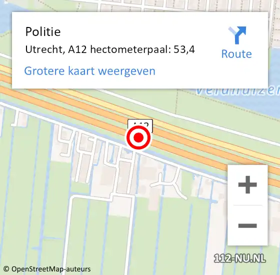 Locatie op kaart van de 112 melding: Politie Utrecht, A12 hectometerpaal: 53,4 op 8 november 2023 18:17