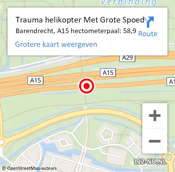 Locatie op kaart van de 112 melding: Trauma helikopter Met Grote Spoed Naar Barendrecht, A15 hectometerpaal: 58,9 op 8 november 2023 18:40