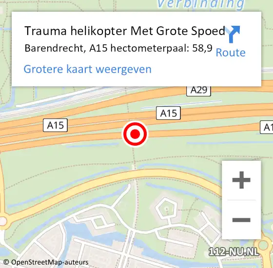 Locatie op kaart van de 112 melding: Trauma helikopter Met Grote Spoed Naar Barendrecht, A15 hectometerpaal: 58,9 op 8 november 2023 18:41