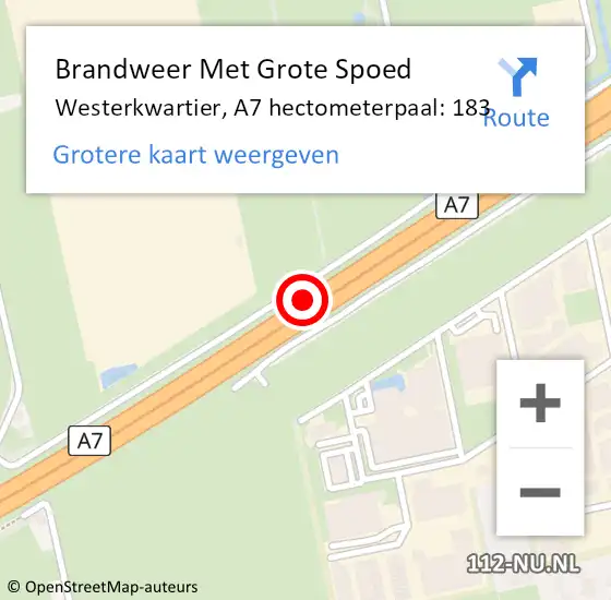 Locatie op kaart van de 112 melding: Brandweer Met Grote Spoed Naar Westerkwartier, A7 hectometerpaal: 183 op 8 november 2023 19:12