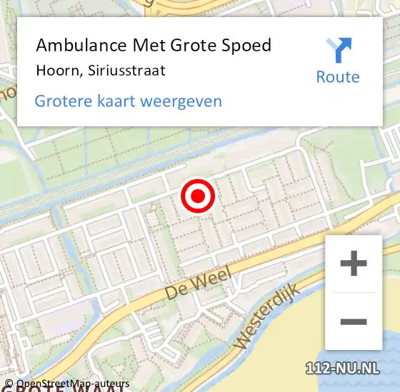 Locatie op kaart van de 112 melding: Ambulance Met Grote Spoed Naar Hoorn, Siriusstraat op 9 november 2023 00:39