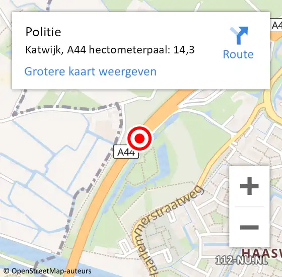 Locatie op kaart van de 112 melding: Politie Katwijk, A44 hectometerpaal: 14,3 op 9 november 2023 06:36