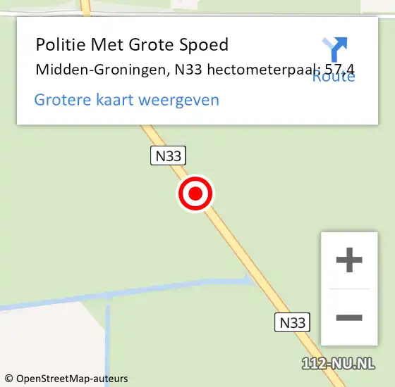 Locatie op kaart van de 112 melding: Politie Met Grote Spoed Naar Midden-Groningen, N33 hectometerpaal: 57,4 op 9 november 2023 06:40