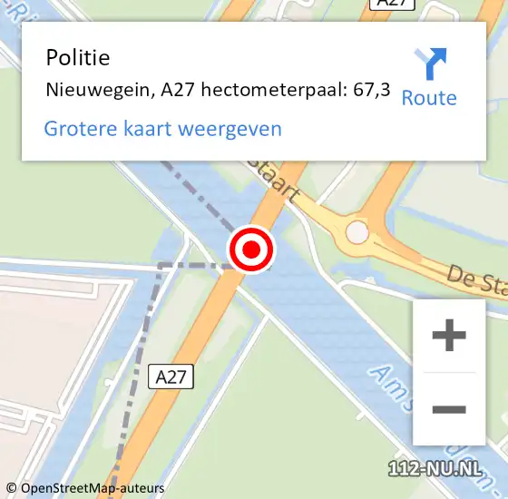 Locatie op kaart van de 112 melding: Politie Nieuwegein, A27 hectometerpaal: 67,3 op 9 november 2023 06:45