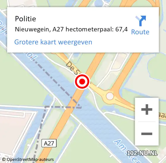 Locatie op kaart van de 112 melding: Politie Nieuwegein, A27 hectometerpaal: 67,4 op 9 november 2023 06:46