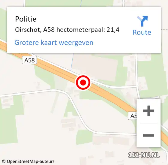 Locatie op kaart van de 112 melding: Politie Oirschot, A58 hectometerpaal: 21,4 op 9 november 2023 06:56