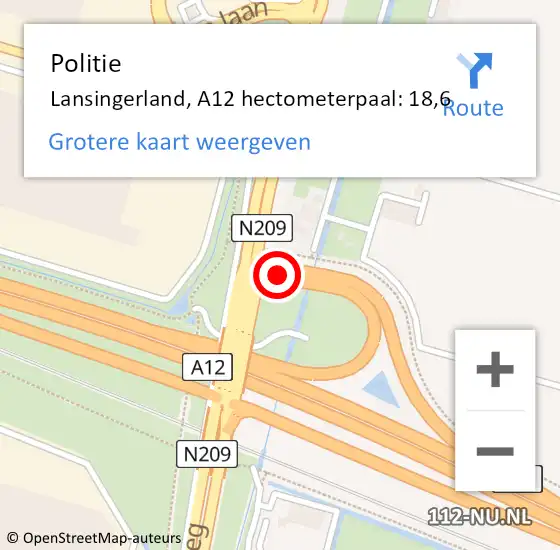 Locatie op kaart van de 112 melding: Politie Lansingerland, A12 hectometerpaal: 18,6 op 9 november 2023 06:57