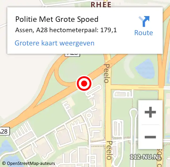 Locatie op kaart van de 112 melding: Politie Met Grote Spoed Naar Assen, A28 hectometerpaal: 179,1 op 9 november 2023 07:04