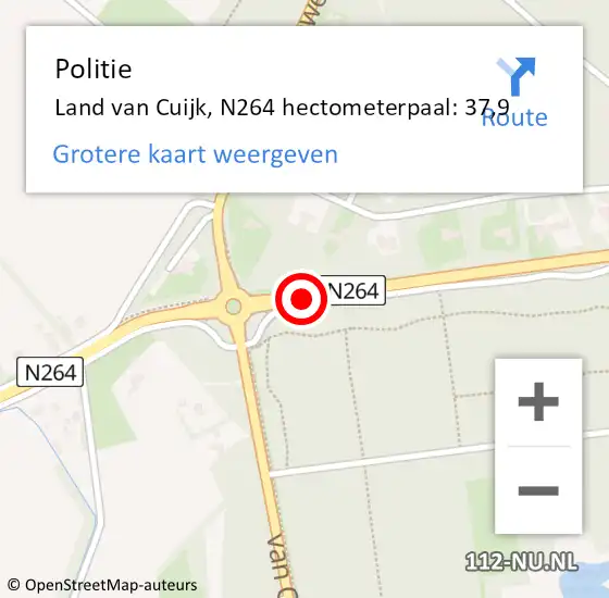 Locatie op kaart van de 112 melding: Politie Land van Cuijk, N264 hectometerpaal: 37,9 op 9 november 2023 07:17