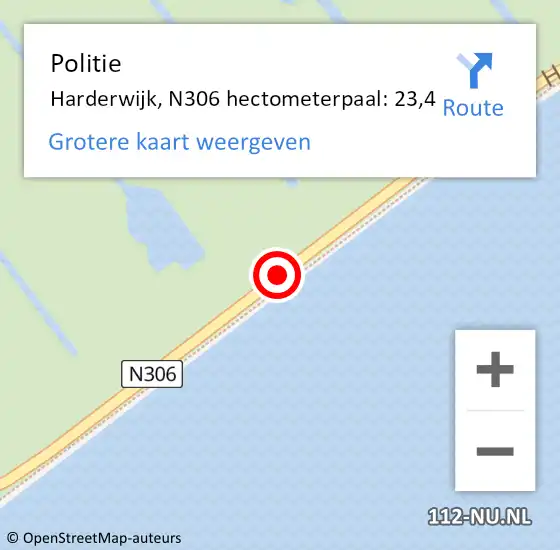 Locatie op kaart van de 112 melding: Politie Harderwijk, N306 hectometerpaal: 23,4 op 9 november 2023 08:10
