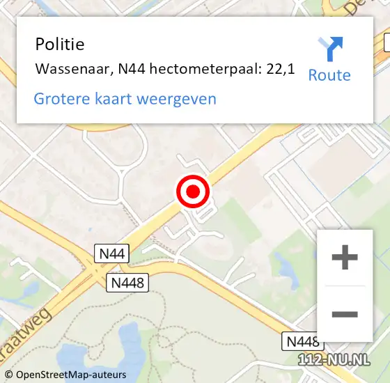 Locatie op kaart van de 112 melding: Politie Wassenaar, N44 hectometerpaal: 22,1 op 9 november 2023 09:31