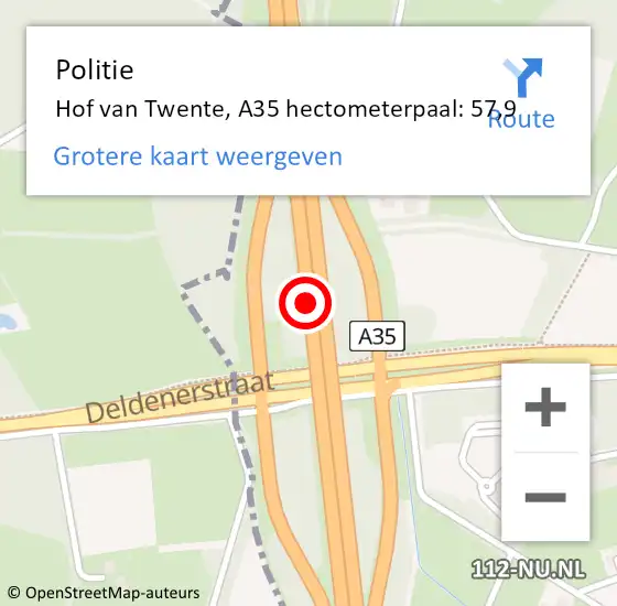 Locatie op kaart van de 112 melding: Politie Hof van Twente, A35 hectometerpaal: 57,9 op 9 november 2023 11:31